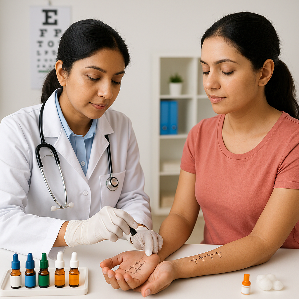 Doctor performing allergy skin prick test on a patient at Shwasa Mitra Clinic