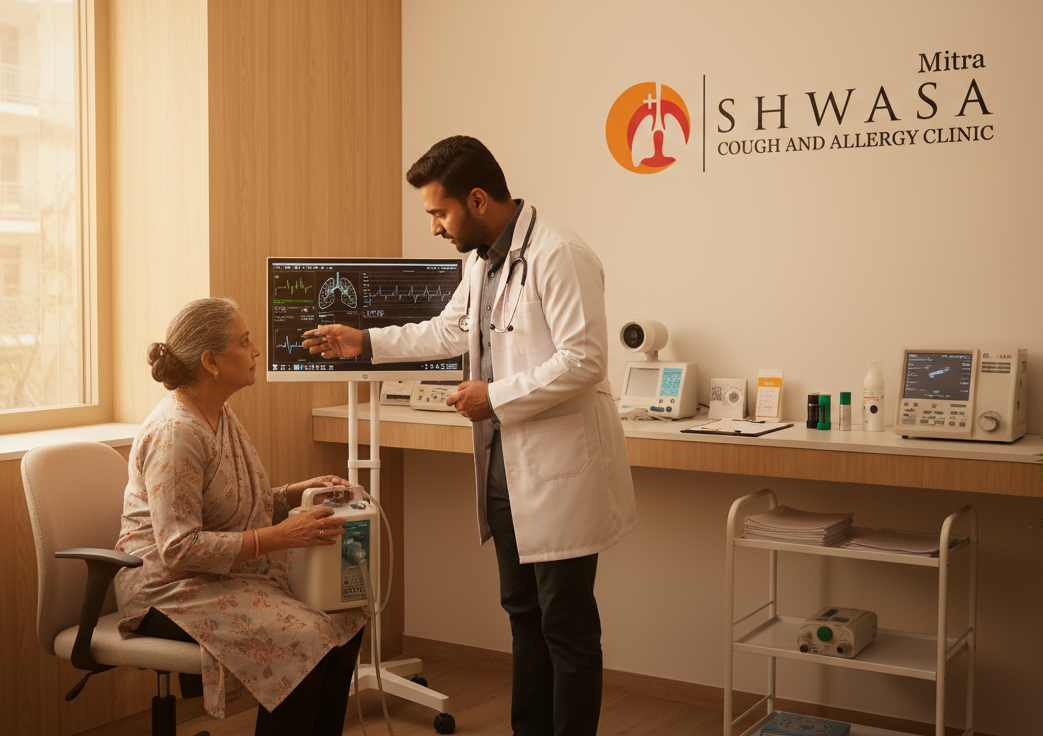 Pulmonologist examining a patient with COPD at Shwasa Mitra Clinic